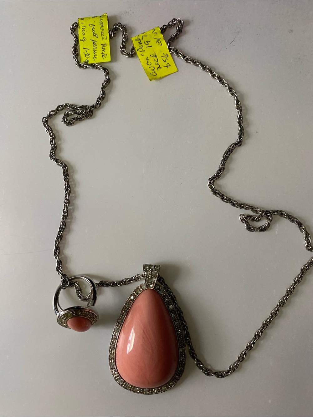 Avon Pink Teardrop Pendant Necklace and Ring Set - Women's Jewelry - 1974